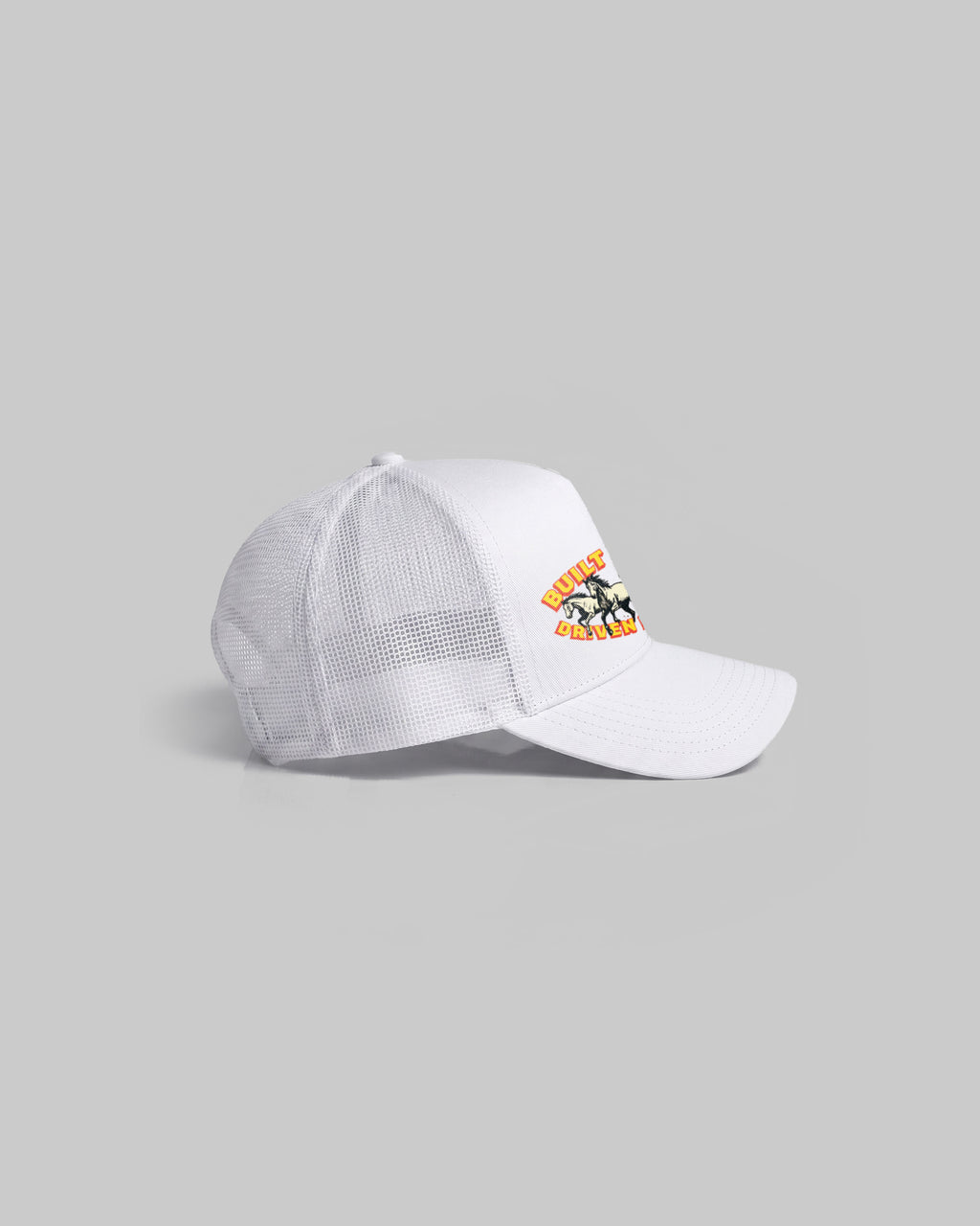 White trucker cap with curved peak.