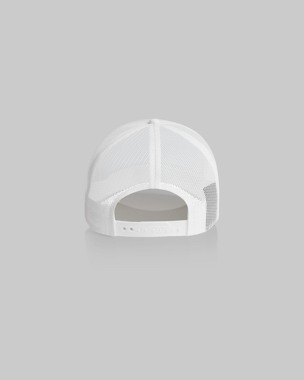 White trucker-style baseball cap shown from the back, featuring a structured front panel and adjustable mesh back, on a solid gray background.