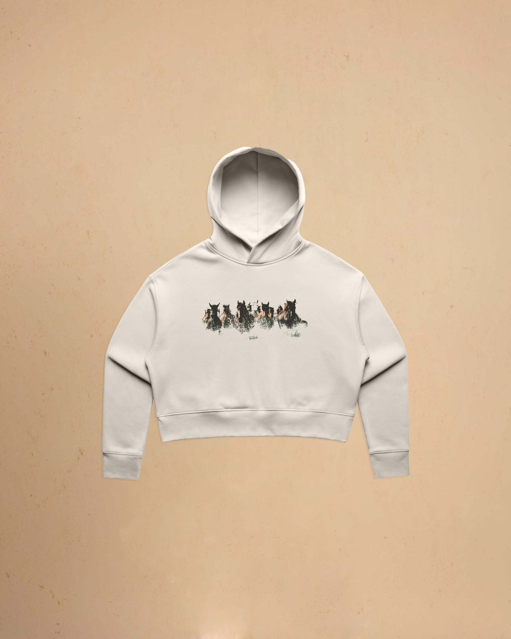 Women’s cropped western hoodie featuring minimalist wild horse artwork on premium fleece fabric by Montavor.