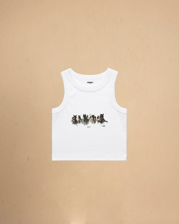 Women’s Wild Horses western-inspired cropped tank top with vintage horse graphic design by Montavor