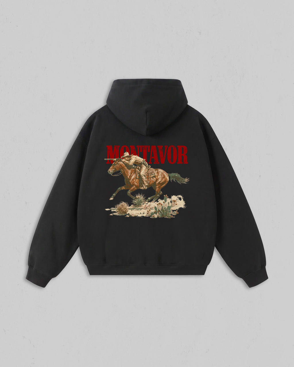Back view of black Montavor Wild Ride hoodie with an oversized cowboy riding a galloping horse