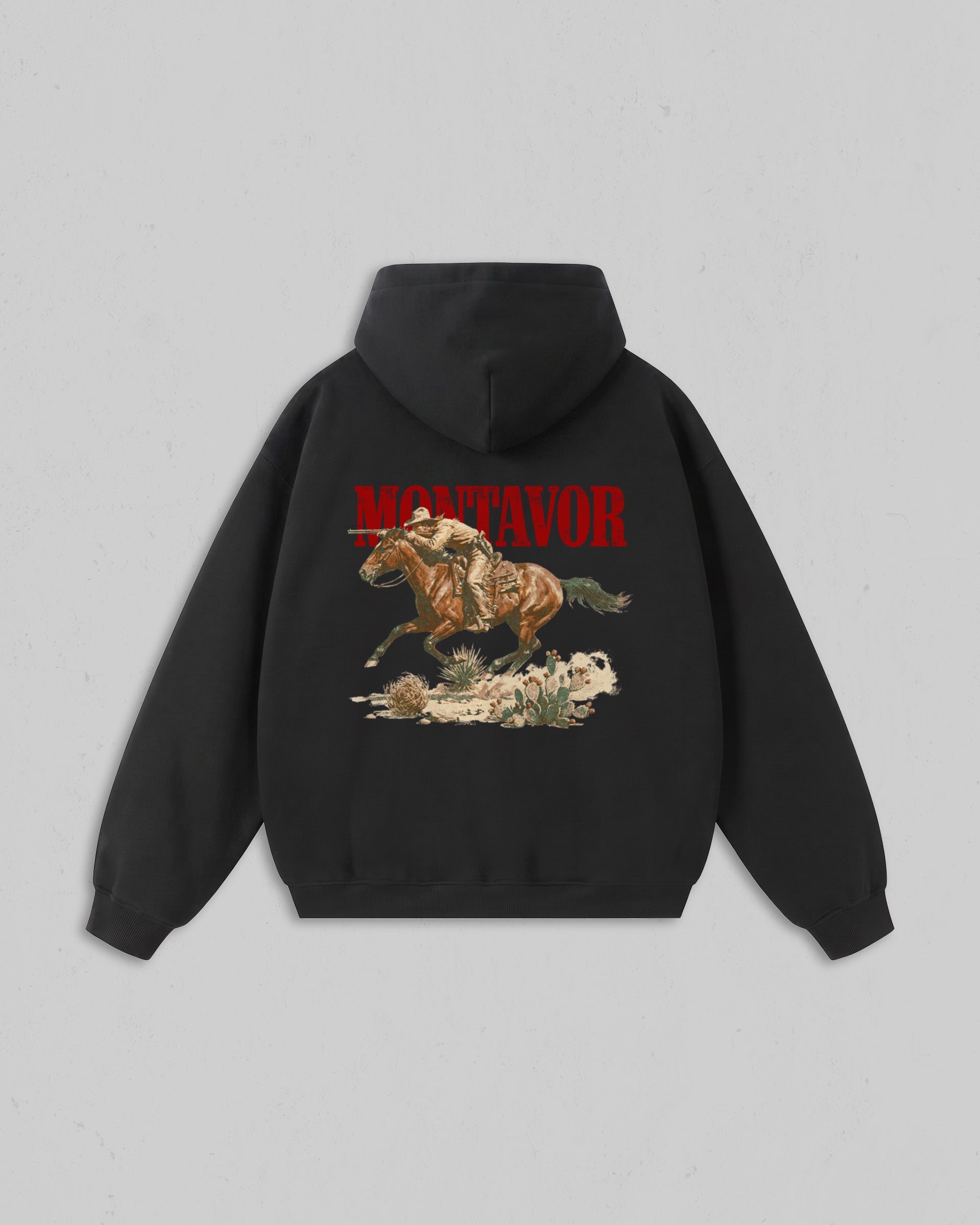 Back view of black Montavor Wild Ride hoodie with an oversized cowboy riding a galloping horse