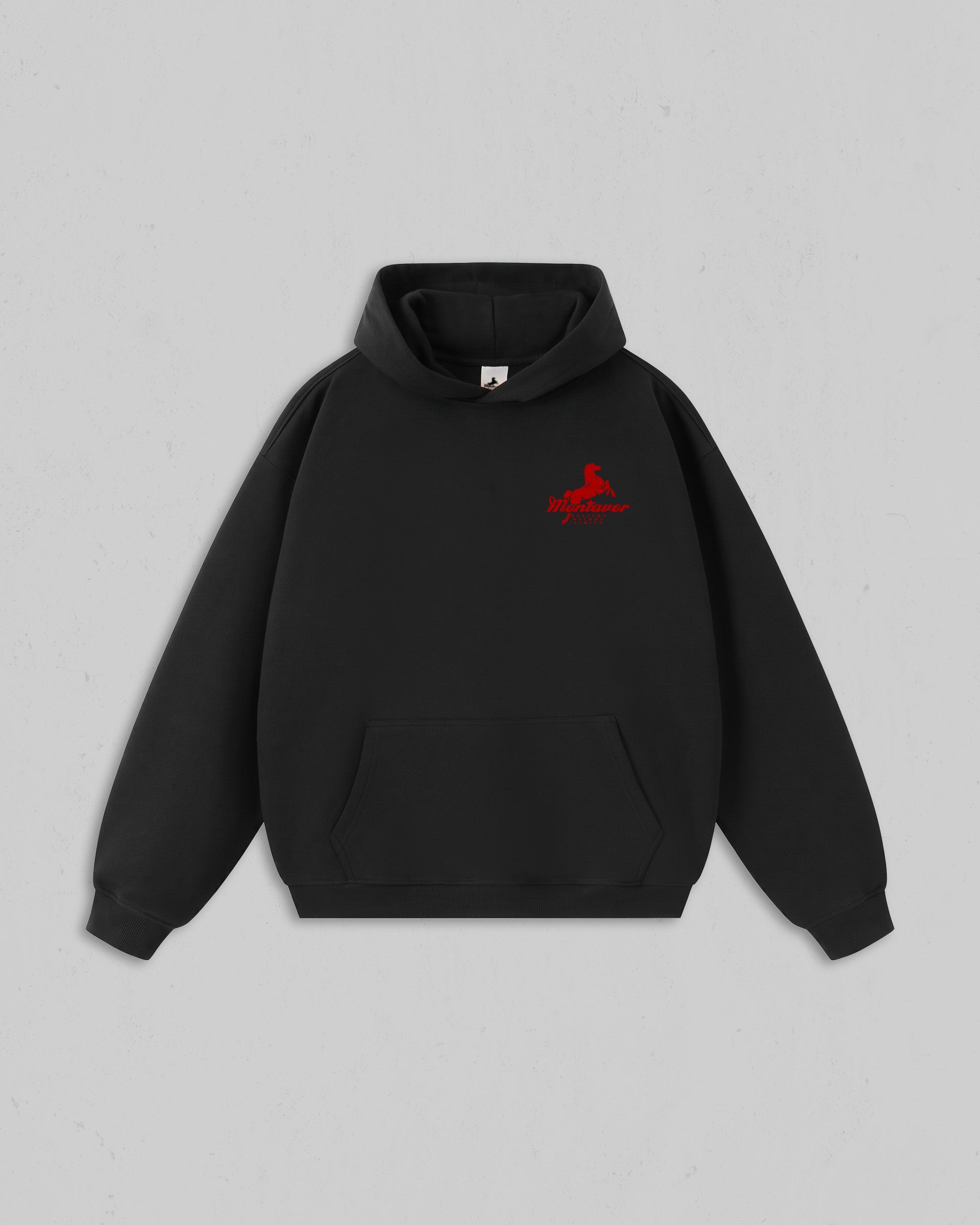 Front view of Black Montavor Wild Ride hoodie with an Montavor Logo. 