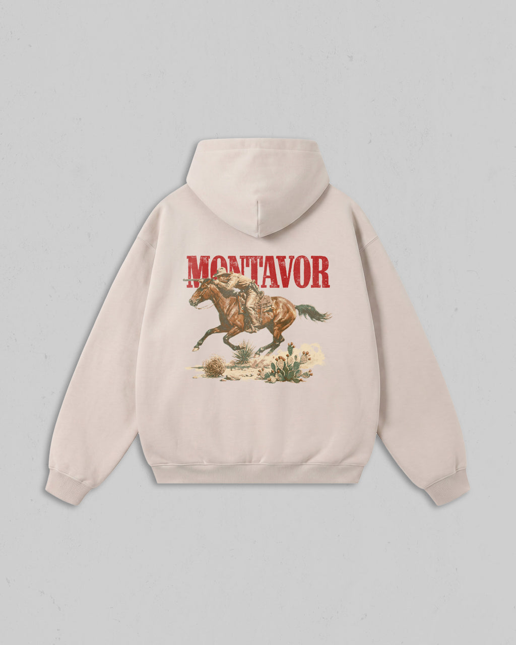 Back view of bone Montavor Wild Ride hoodie with an oversized cowboy riding a galloping horse
