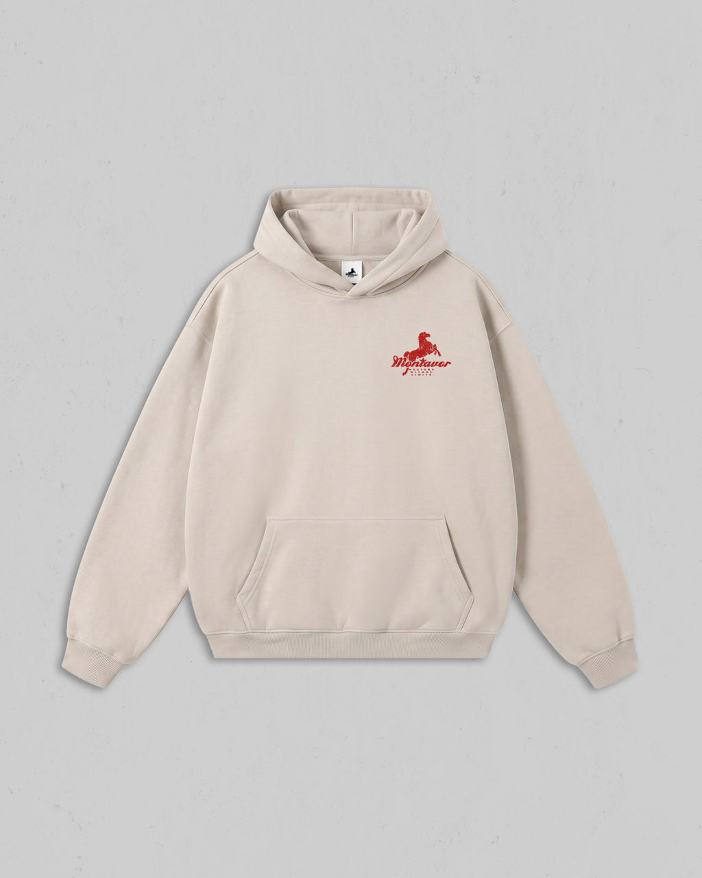 Front view of Bone Montavor Wild Ride hoodie with an Montavor Logo. 