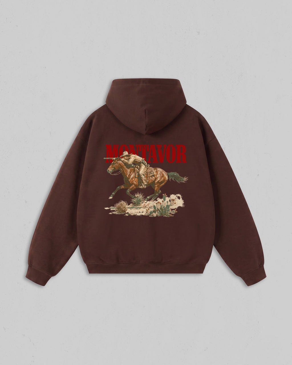 Back view of chestnut Montavor Wild Ride hoodie with an oversized cowboy riding a galloping horse