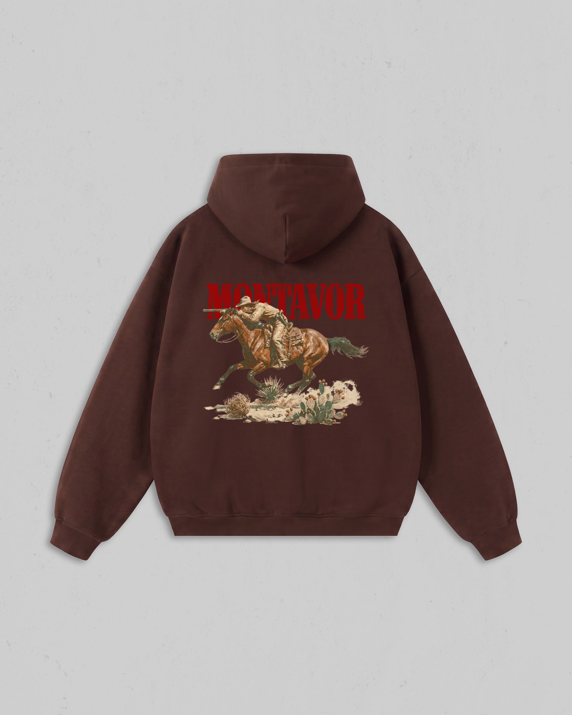 Back view of chestnut Montavor Wild Ride hoodie with an oversized cowboy riding a galloping horse