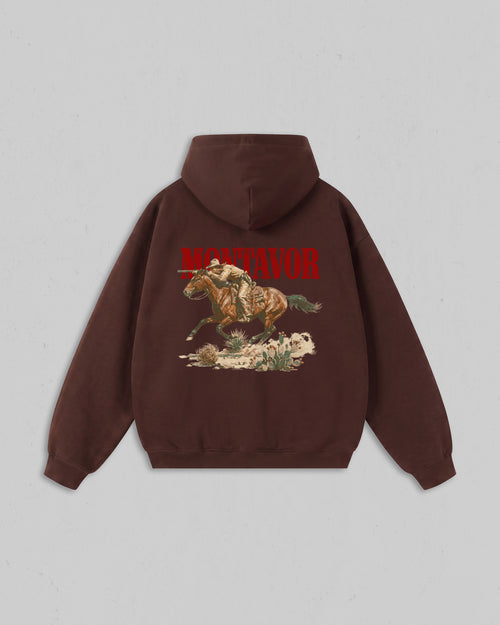 Back view of chestnut Montavor Wild Ride hoodie with an oversized cowboy riding a galloping horse
