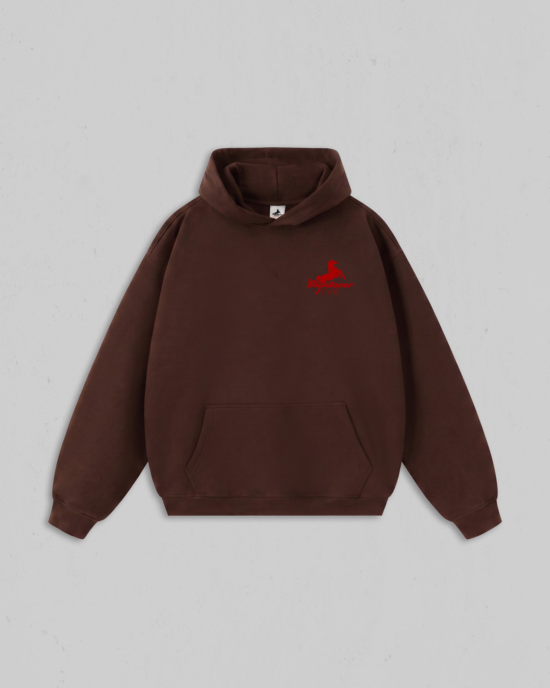 Front view of chestnut Montavor Wild Ride hoodie with an Montavor Logo. 
