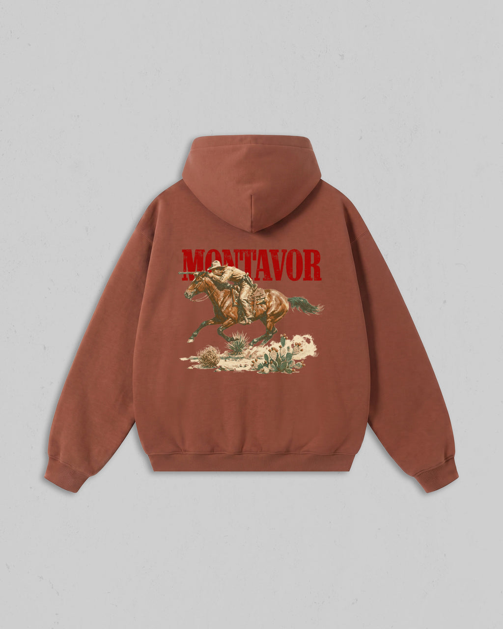 Back view of clay Montavor Wild Ride hoodie with an oversized cowboy riding a galloping horse