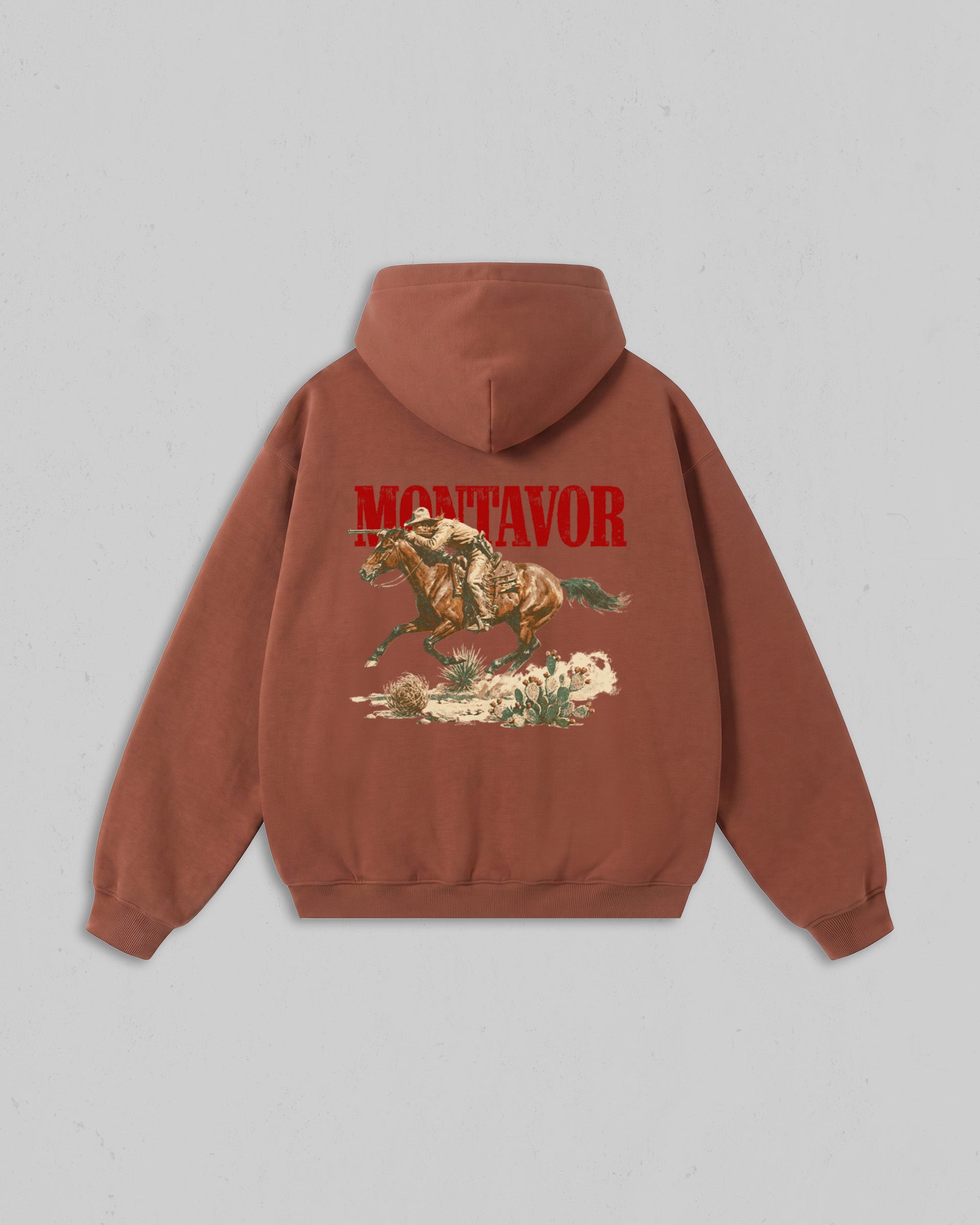 Back view of clay Montavor Wild Ride hoodie with an oversized cowboy riding a galloping horse