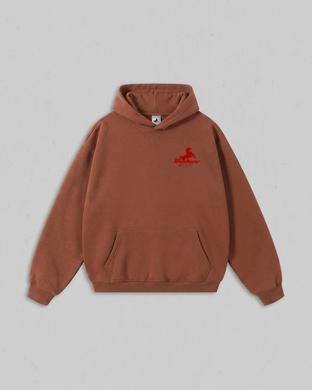 Front view of Clay Montavor Wild Ride hoodie with an Montavor Logo. 