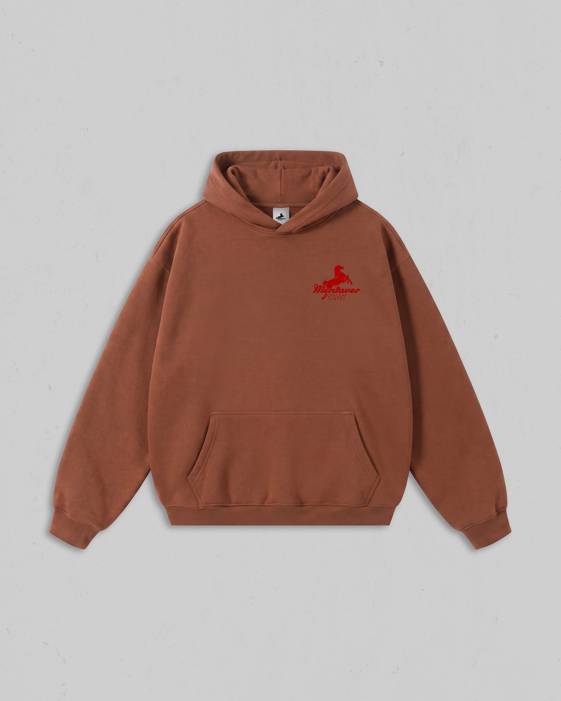Front view of Clay Montavor Wild Ride hoodie with an Montavor Logo. 