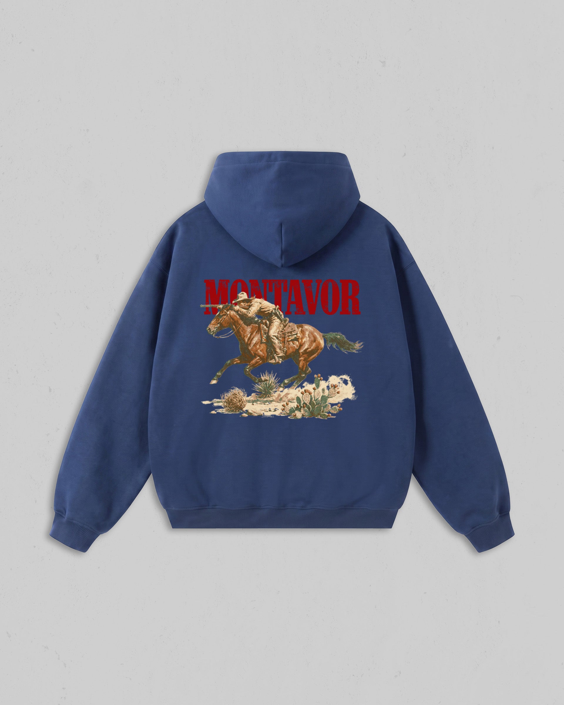 Back view of cobalt blue Montavor Wild Ride hoodie with an oversized cowboy riding a galloping horse
