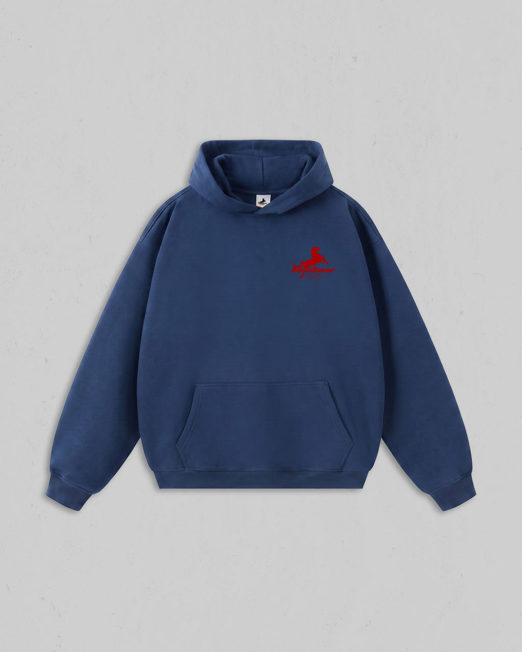 Front view of Cobalt Blue Montavor Wild Ride hoodie with an Montavor Logo. 