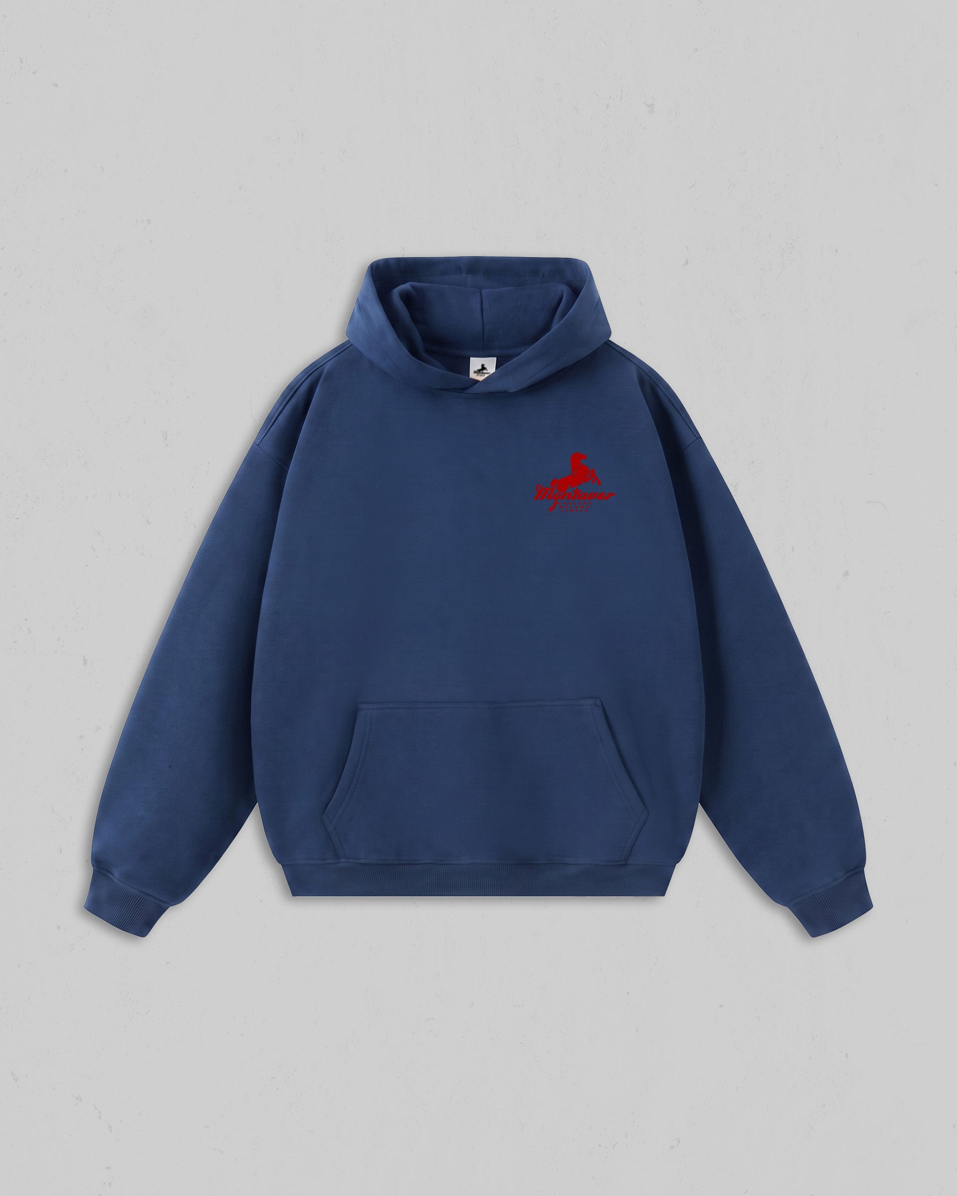 Front view of Cobalt Blue Montavor Wild Ride hoodie with an Montavor Logo. 