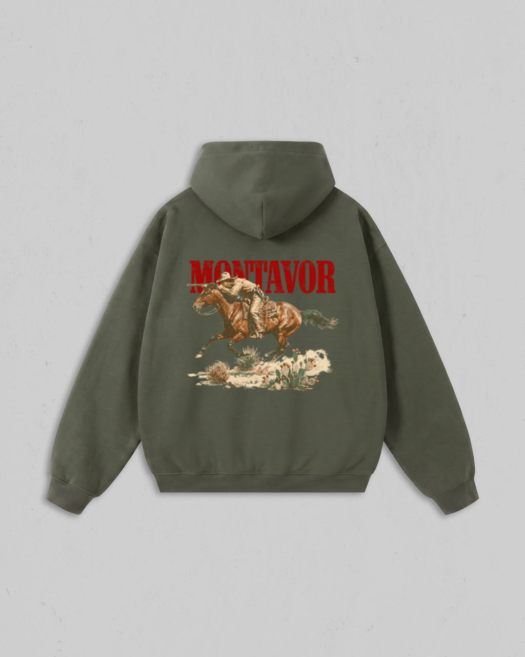 Back view of cypress green Montavor Wild Ride hoodie with an oversized cowboy riding a galloping horse