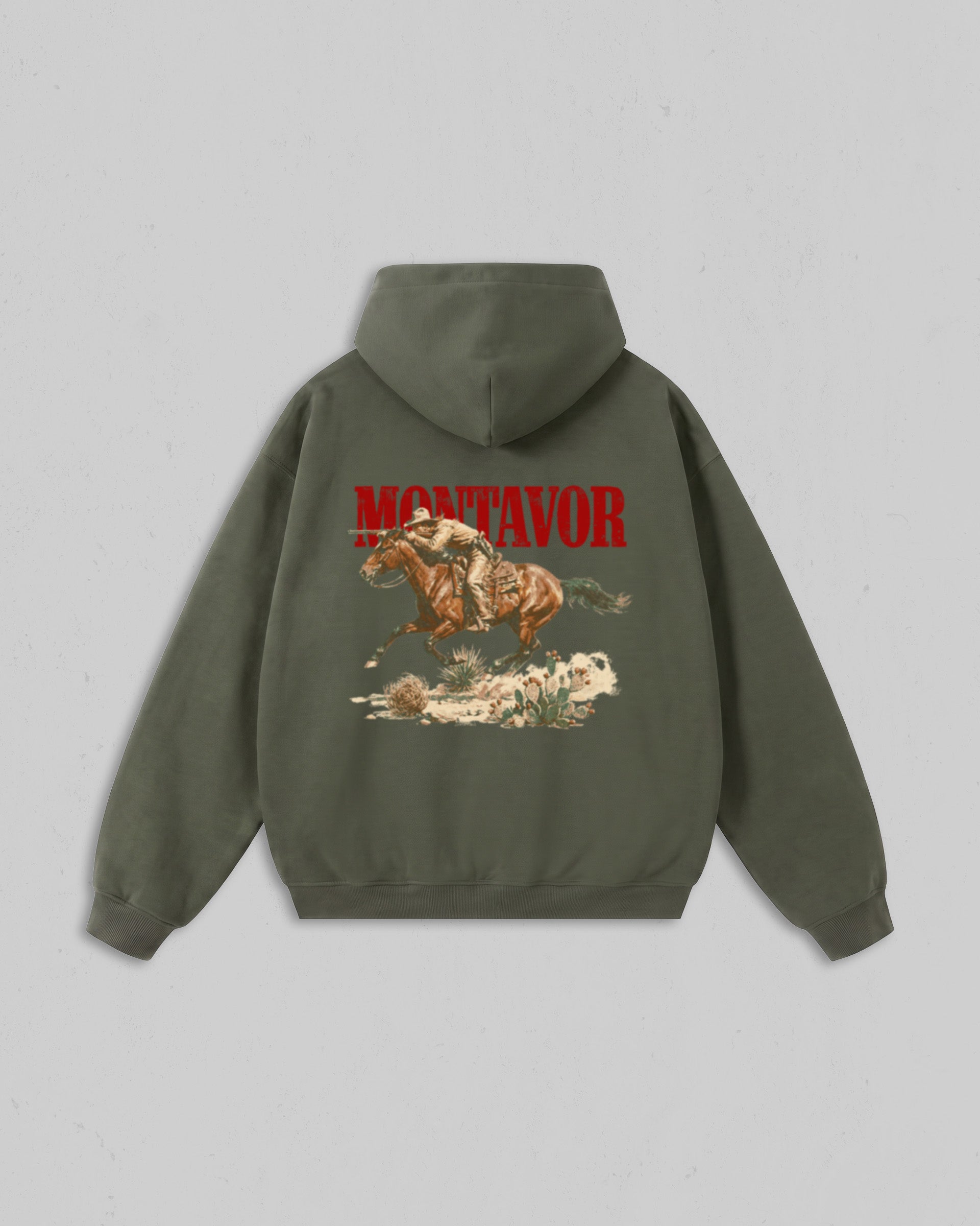 Back view of cypress green Montavor Wild Ride hoodie with an oversized cowboy riding a galloping horse