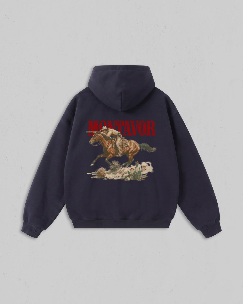 Back view of navy Montavor Wild Ride hoodie with an oversized cowboy riding a galloping horse