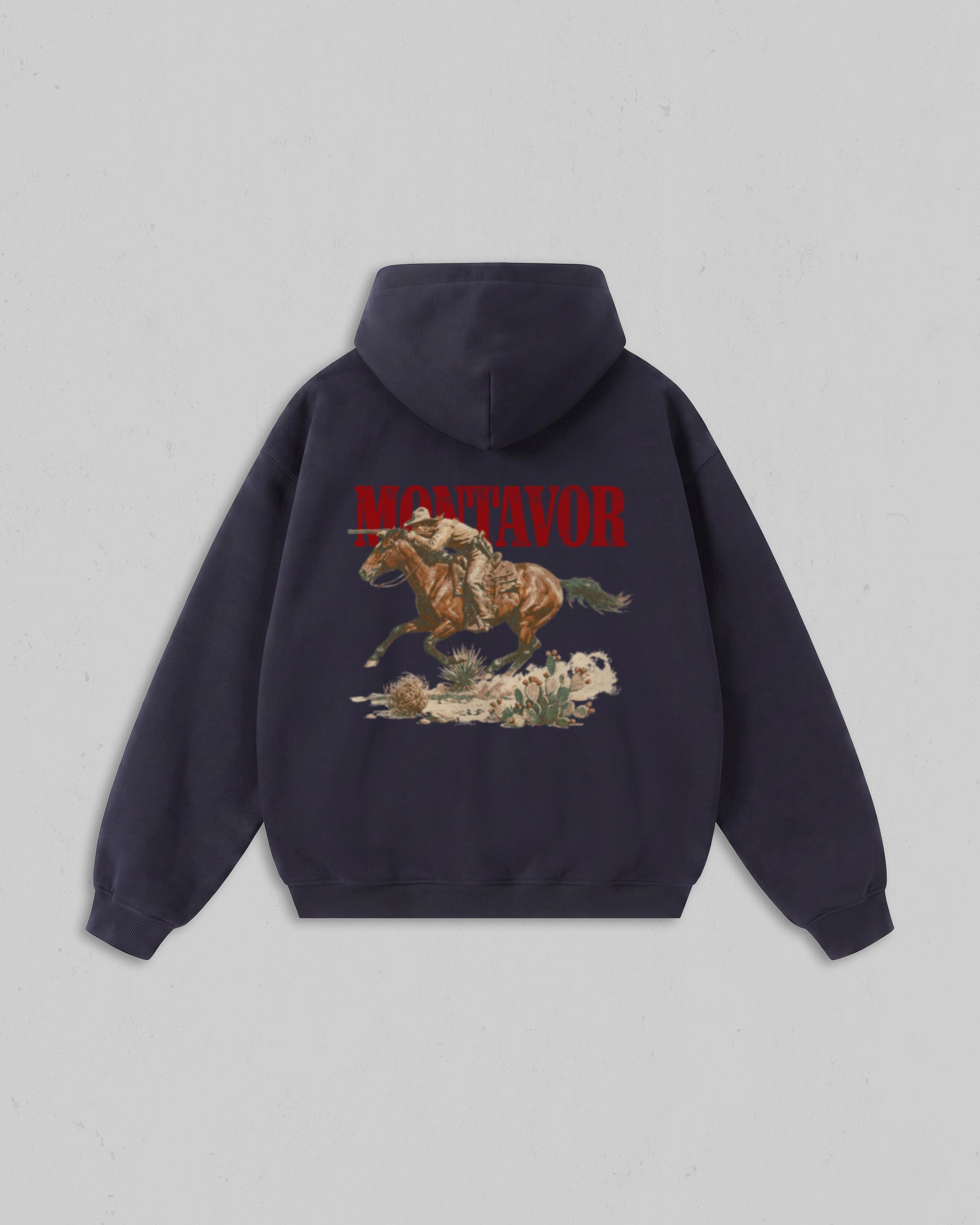 Back view of navy Montavor Wild Ride hoodie with an oversized cowboy riding a galloping horse