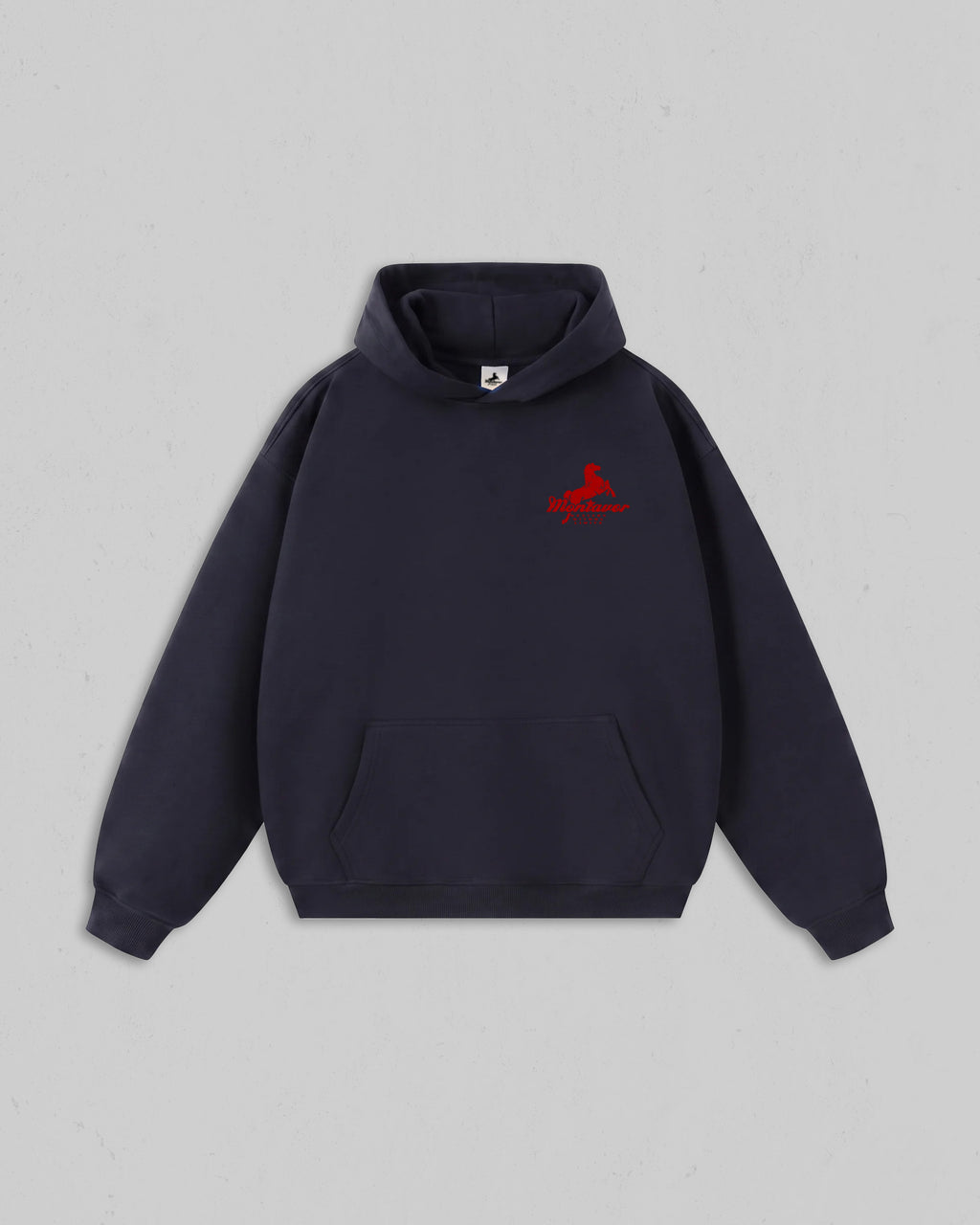 Front view of Ink Blue Montavor Wild Ride hoodie with an Montavor Logo. 