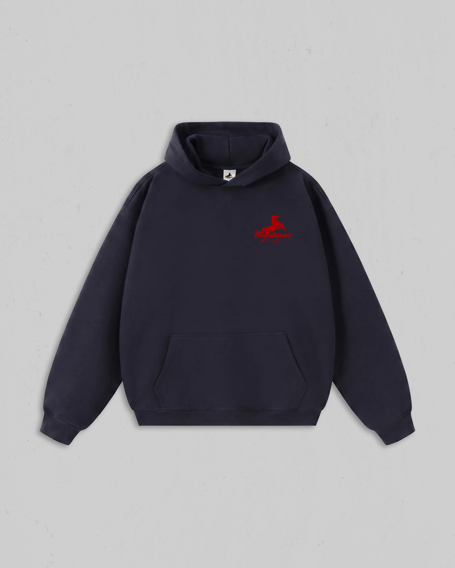 Front view of Ink Blue Montavor Wild Ride hoodie with an Montavor Logo. 