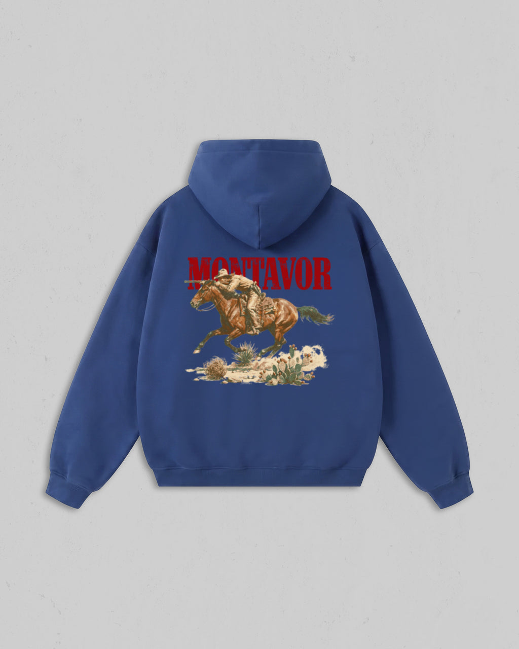 Back view of liberty blue Montavor Wild Ride hoodie with an oversized cowboy riding a galloping horse