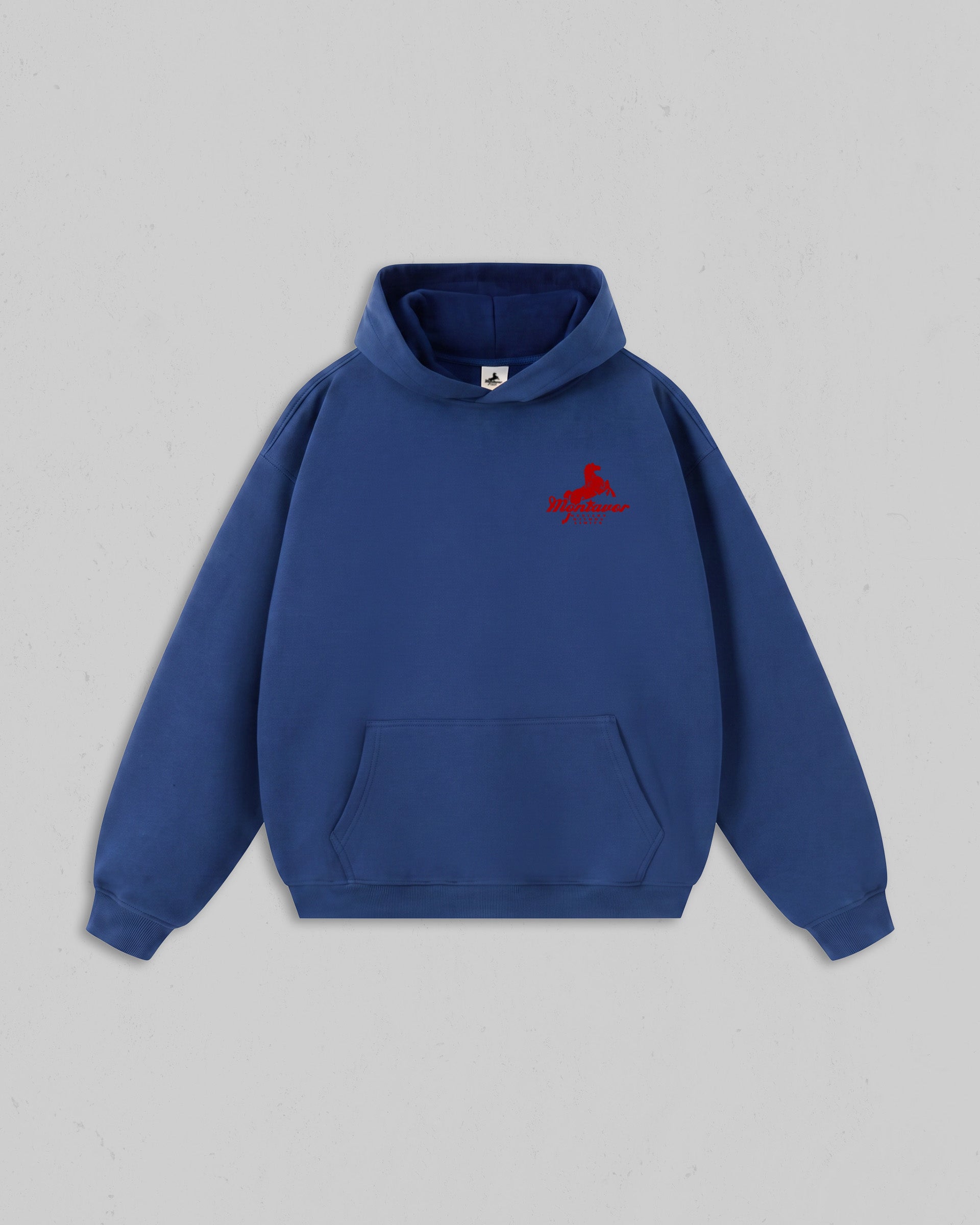 Front view of Liberty Blue Montavor Wild Ride hoodie with an Montavor Logo. 
