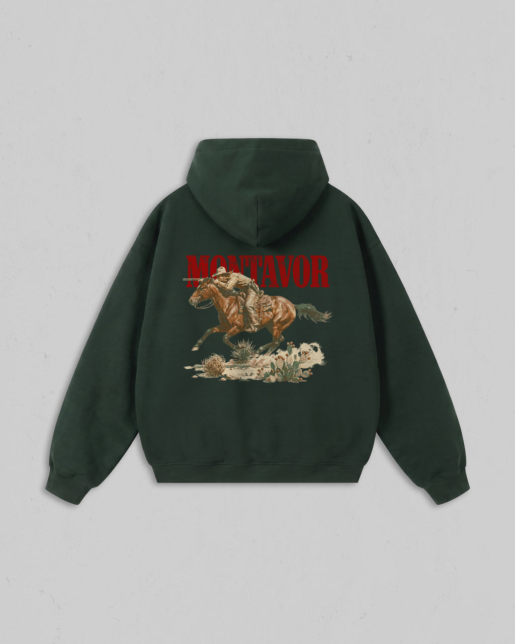 Back view of pine green Montavor Wild Ride hoodie with an oversized cowboy riding a galloping horse