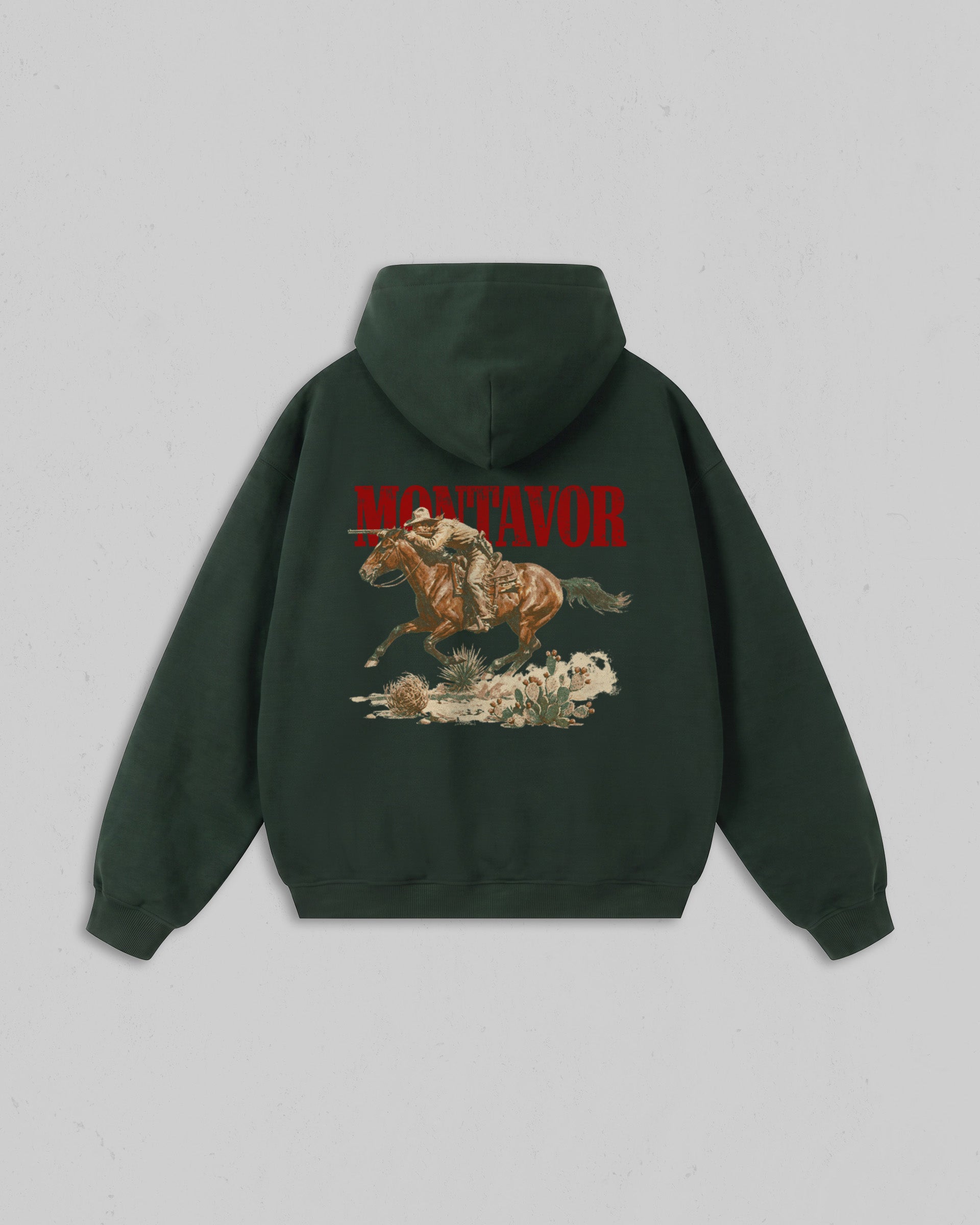 Back view of pine green Montavor Wild Ride hoodie with an oversized cowboy riding a galloping horse