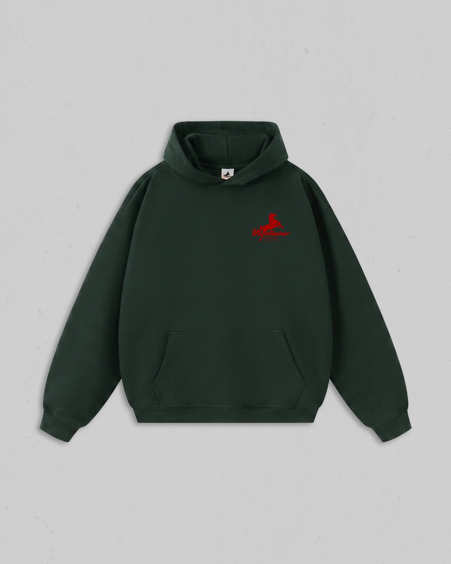 Front view of Pine Green Montavor Wild Ride hoodie with an Montavor Logo. 