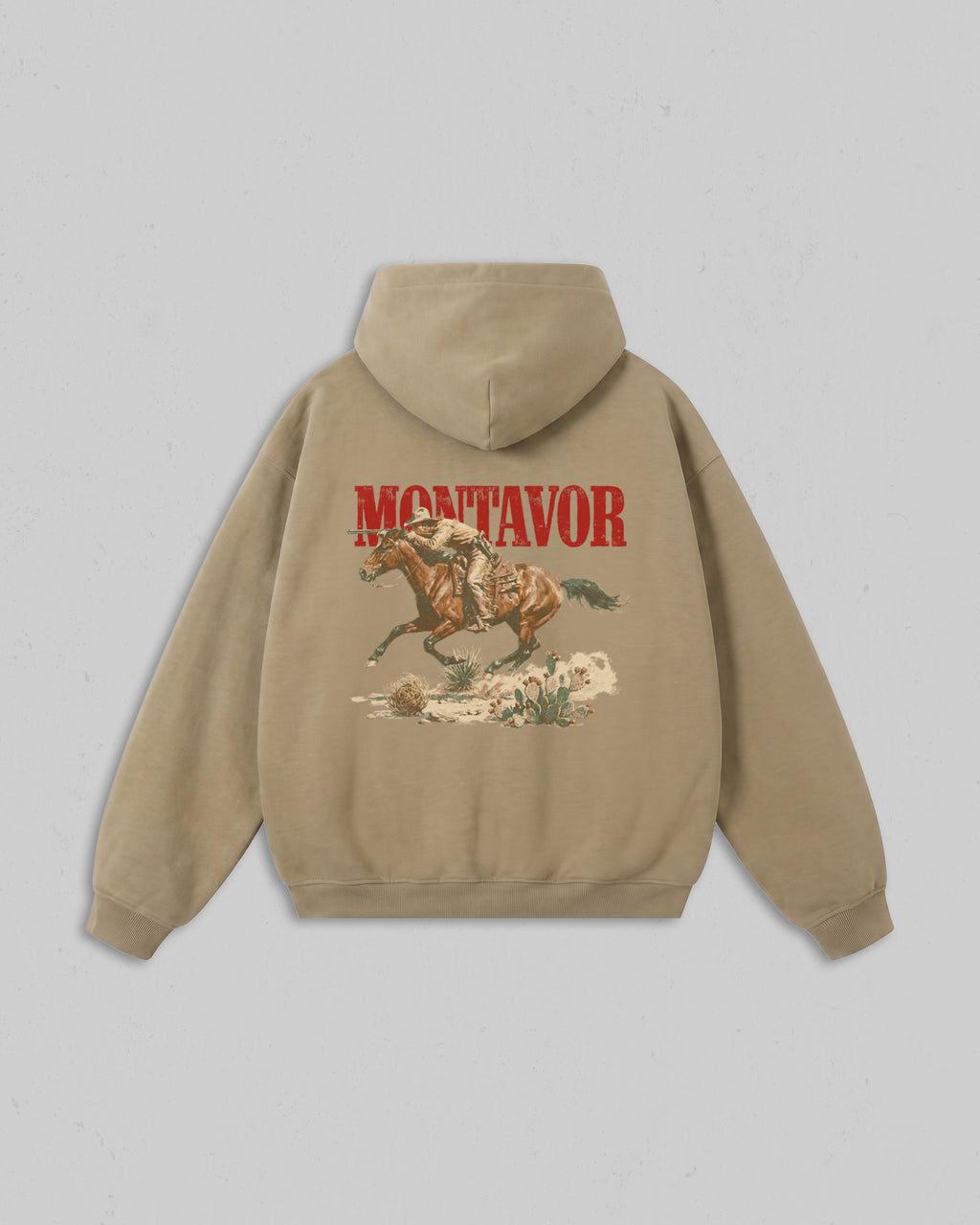 Back view of sand Montavor Wild Ride hoodie with an oversized cowboy riding a galloping horse