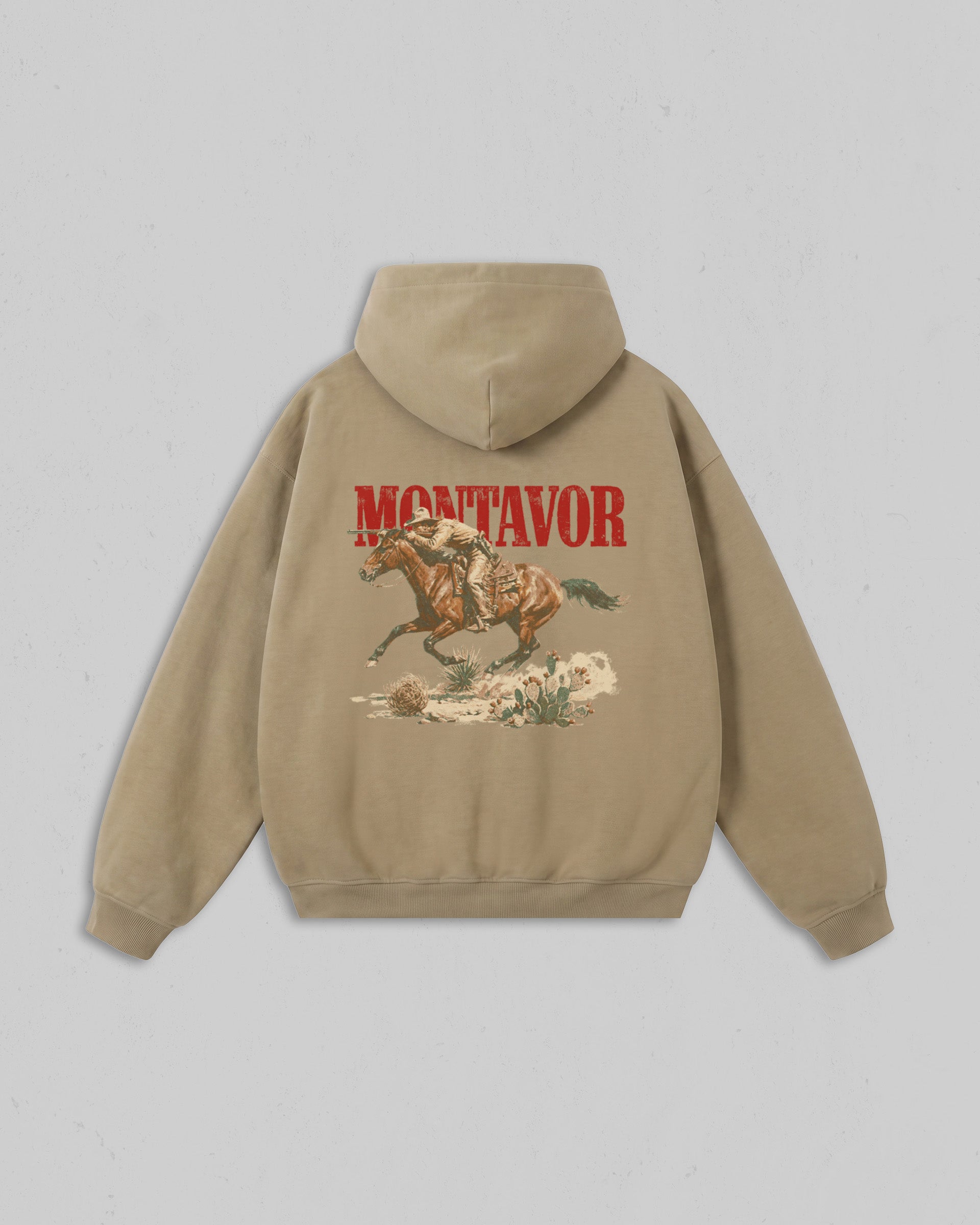 Back view of sand Montavor Wild Ride hoodie with an oversized cowboy riding a galloping horse