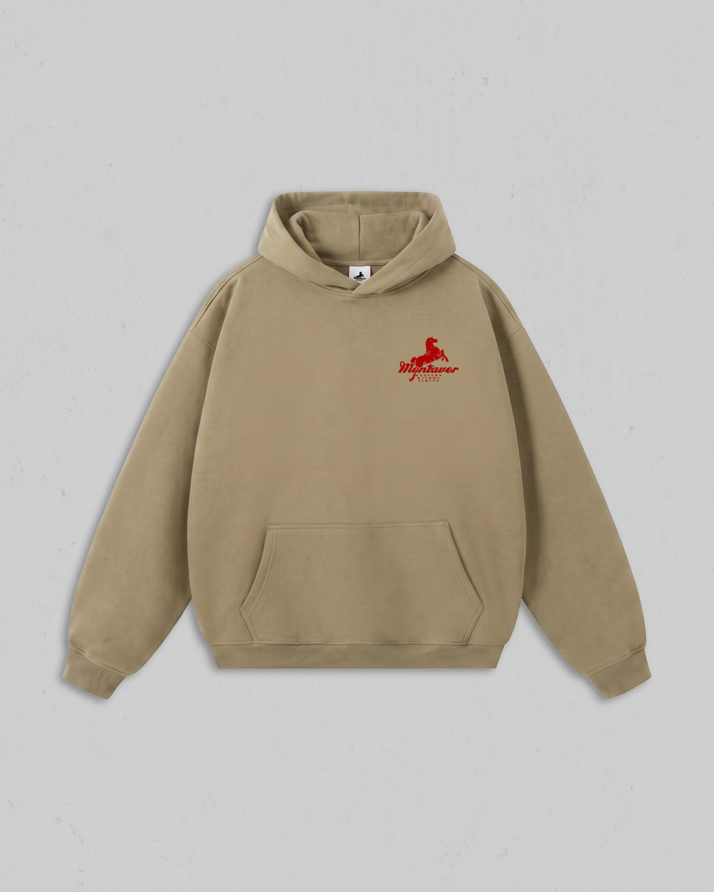 Front view of Sand Montavor Wild Ride hoodie with an Montavor Logo. 