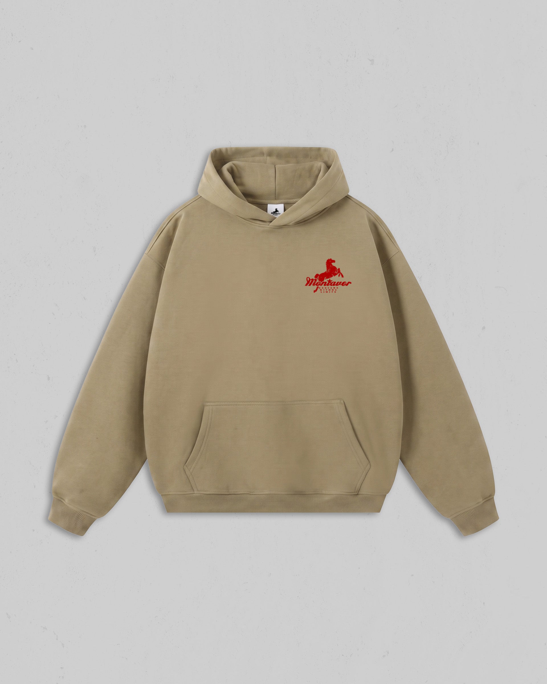 Front view of Sand Montavor Wild Ride hoodie with an Montavor Logo. 