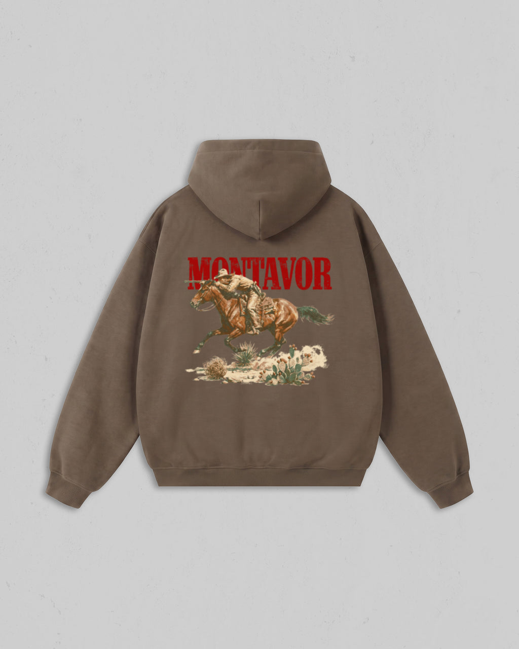 Back view of walnut Montavor Wild Ride hoodie with an oversized cowboy riding a galloping horse