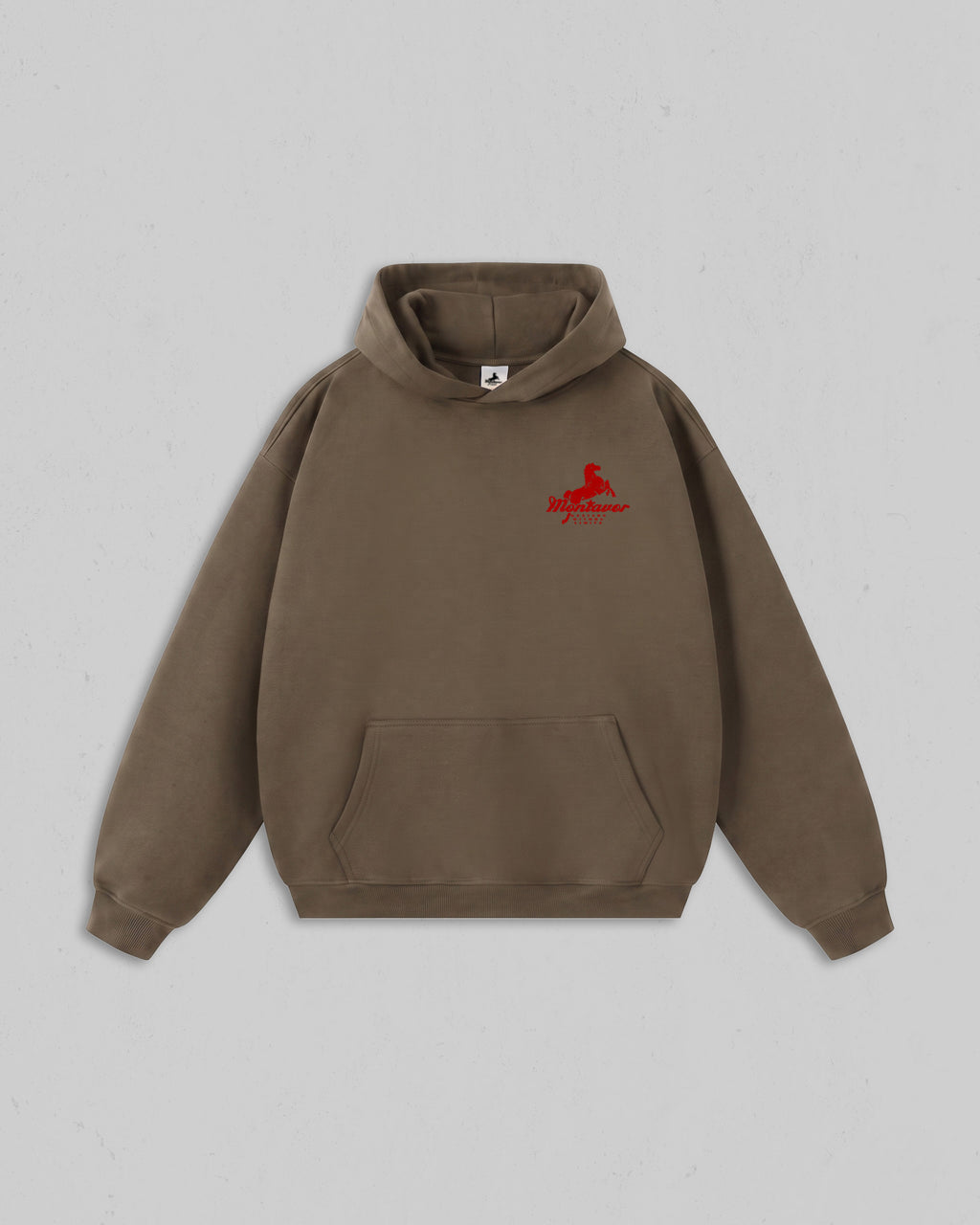 Front view of Walnut Brown Montavor Wild Ride hoodie with an Montavor Logo. 