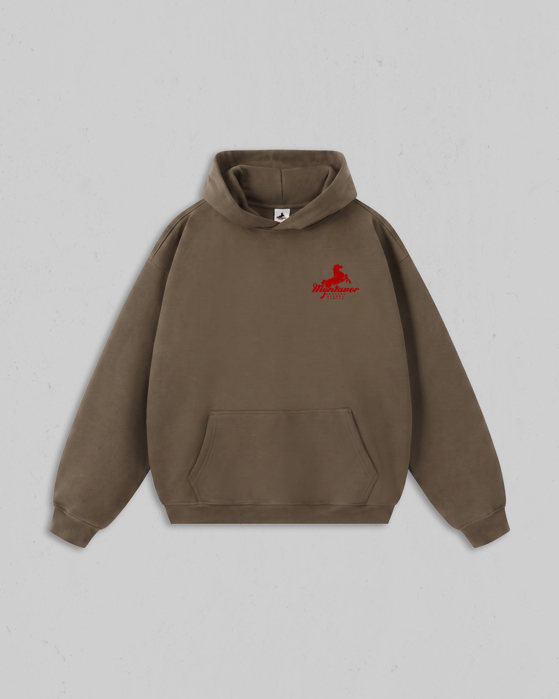 Front view of Walnut Brown Montavor Wild Ride hoodie with an Montavor Logo. 