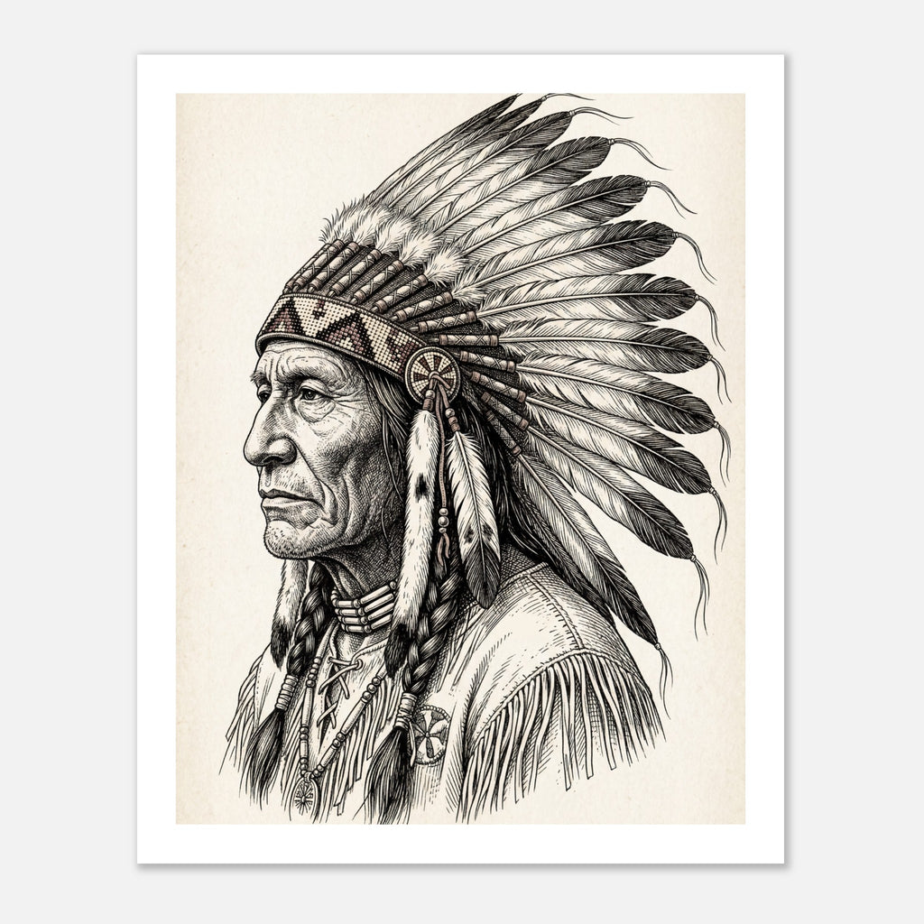 Vintage western ink illustration poster showing a side profile portrait of a plains chief wearing a feather headdress with detailed linework on a parchment background.