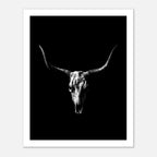Black and white photograph of a longhorn skull with wide sweeping horns centered against a dark background, western wall art poster.