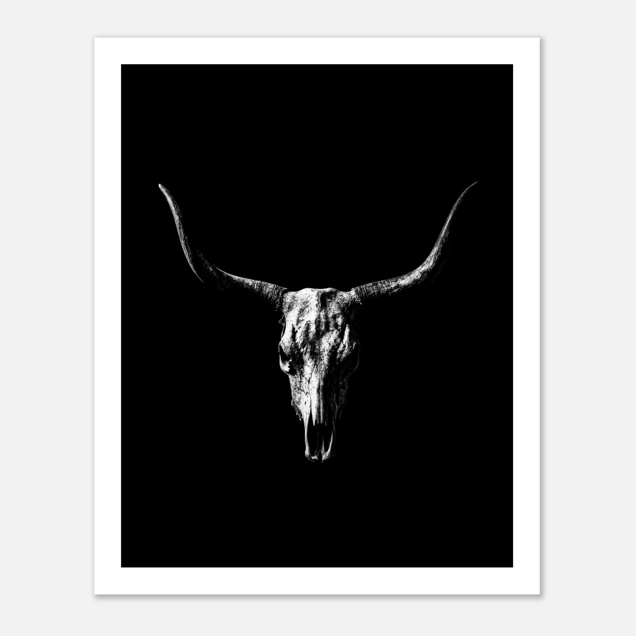 Black and white photograph of a longhorn skull with wide sweeping horns centered against a dark background, western wall art poster.