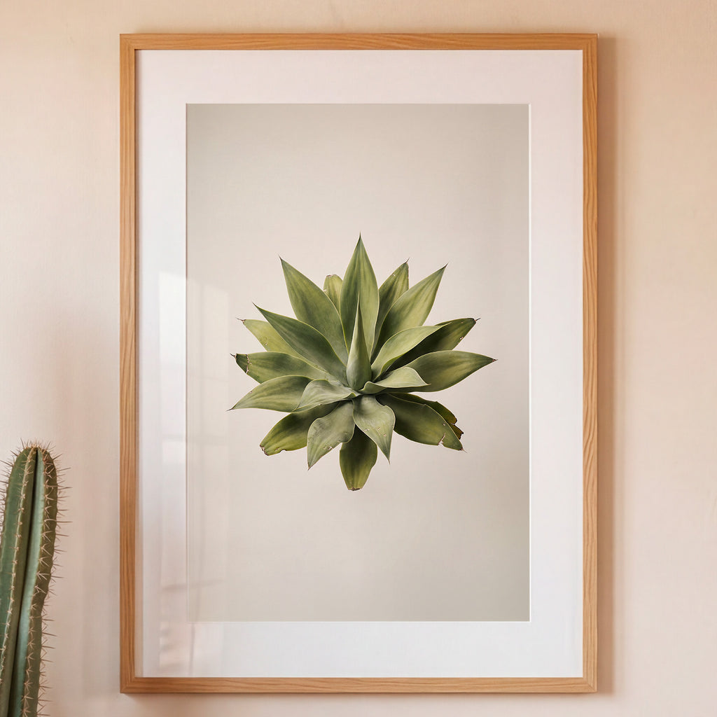 Framed artwork of a green succulent plant on a beige wall.