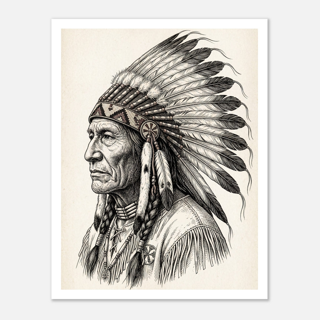 Vintage western ink illustration poster showing a side profile portrait of a plains chief wearing a feather headdress with detailed linework on a parchment background.