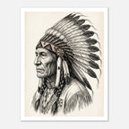 Vintage western ink illustration poster showing a side profile portrait of a plains chief wearing a feather headdress with detailed linework on a parchment background.