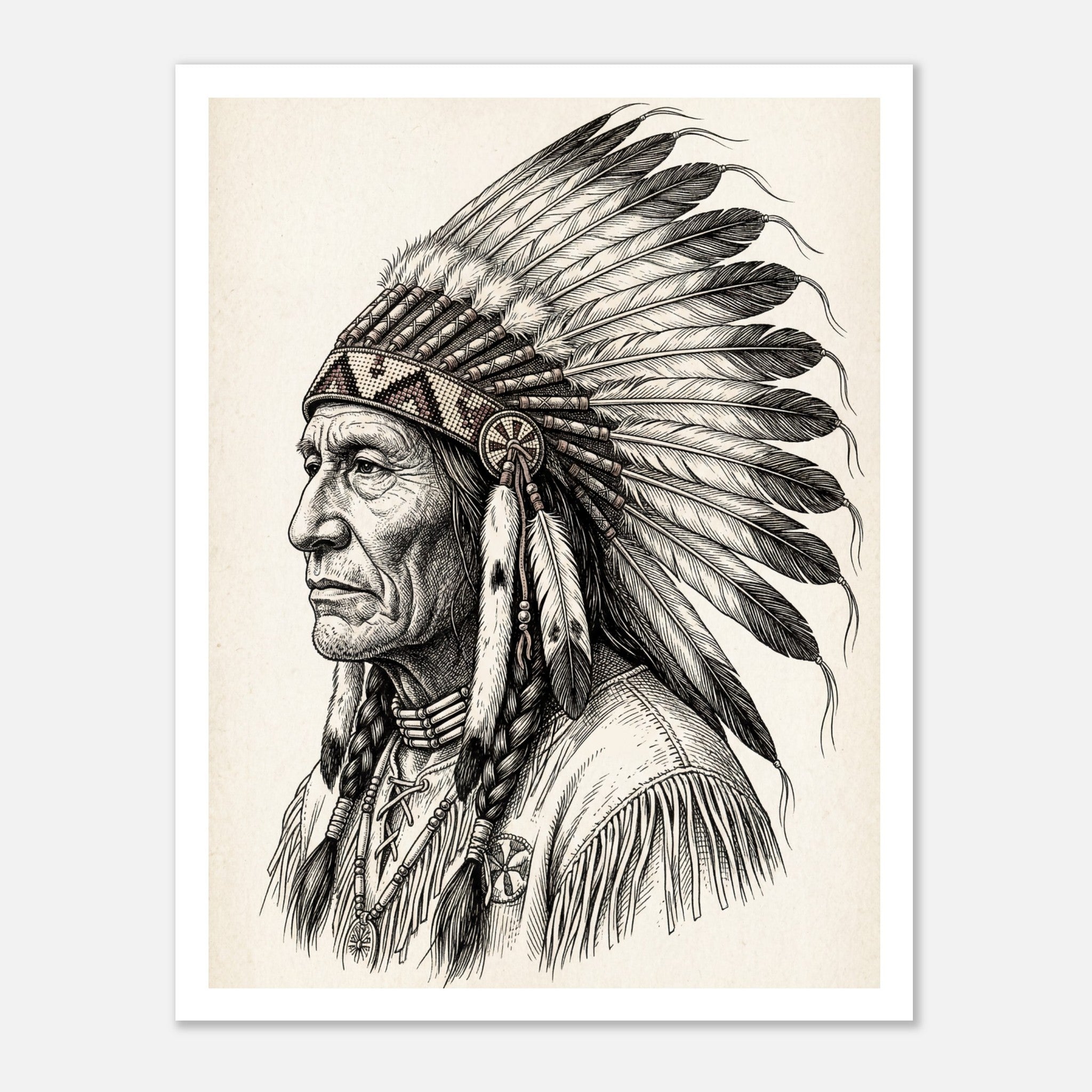 Vintage western ink illustration poster showing a side profile portrait of a plains chief wearing a feather headdress with detailed linework on a parchment background.