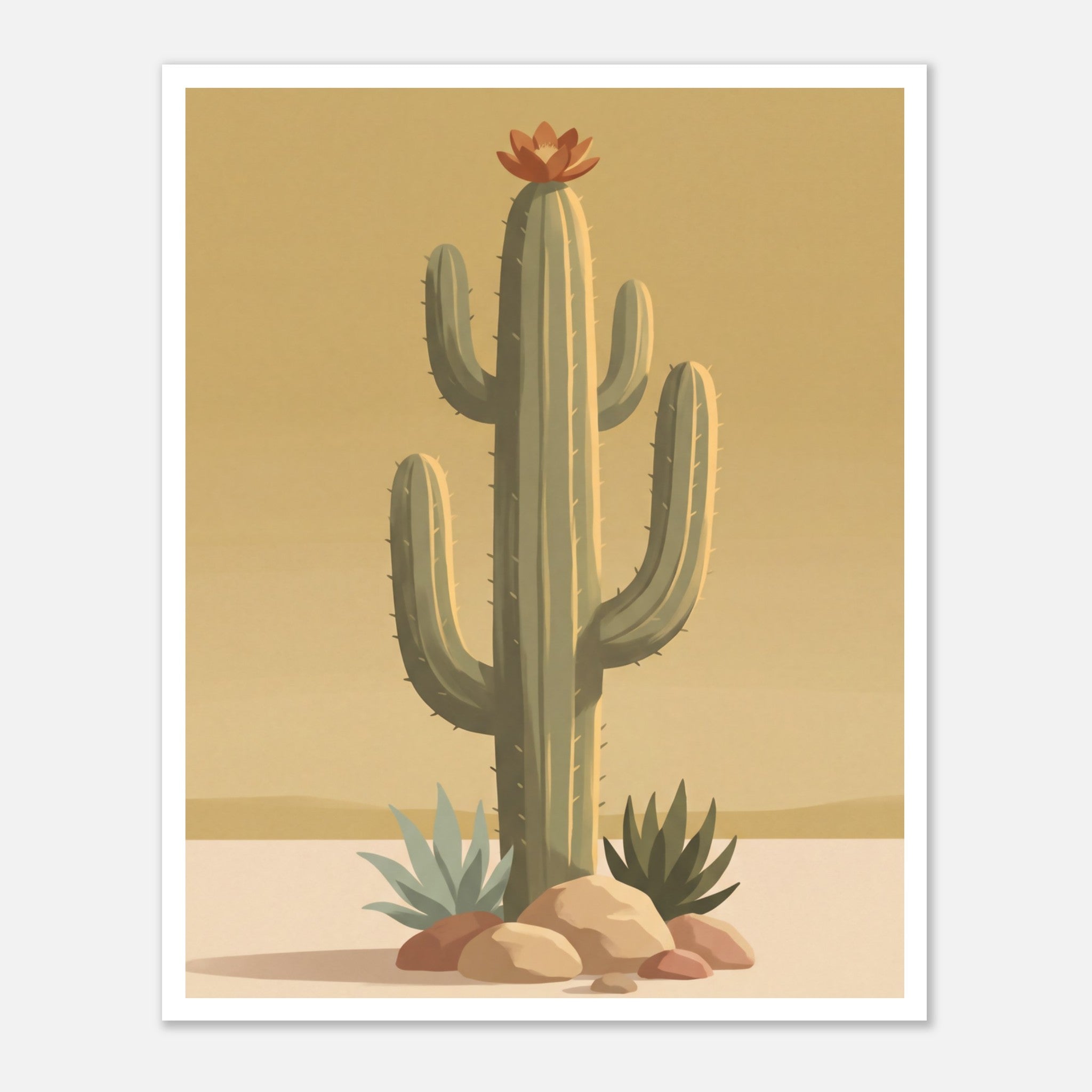 Minimalist desert poster featuring a tall saguaro cactus with a burnt orange bloom, surrounded by desert plants and rocks against a soft golden sky in muted mid century tones.