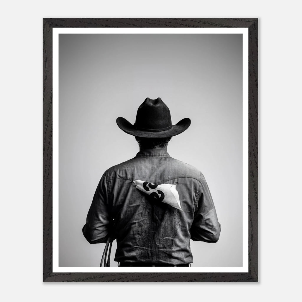 Black and white photograph of a rodeo cowboy viewed from behind wearing a western hat with a numbered rodeo tag pinned to his shirt after competition.