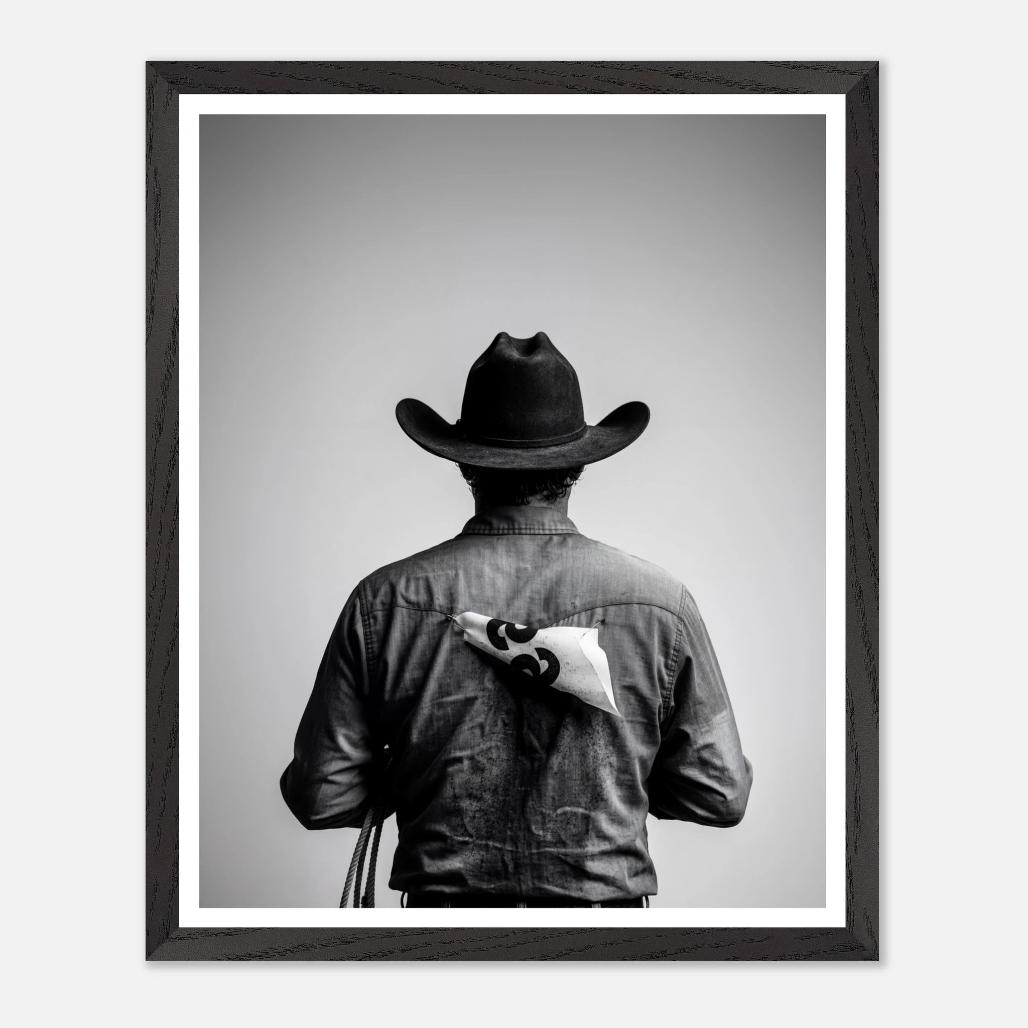Black and white photograph of a rodeo cowboy viewed from behind wearing a western hat with a numbered rodeo tag pinned to his shirt after competition.