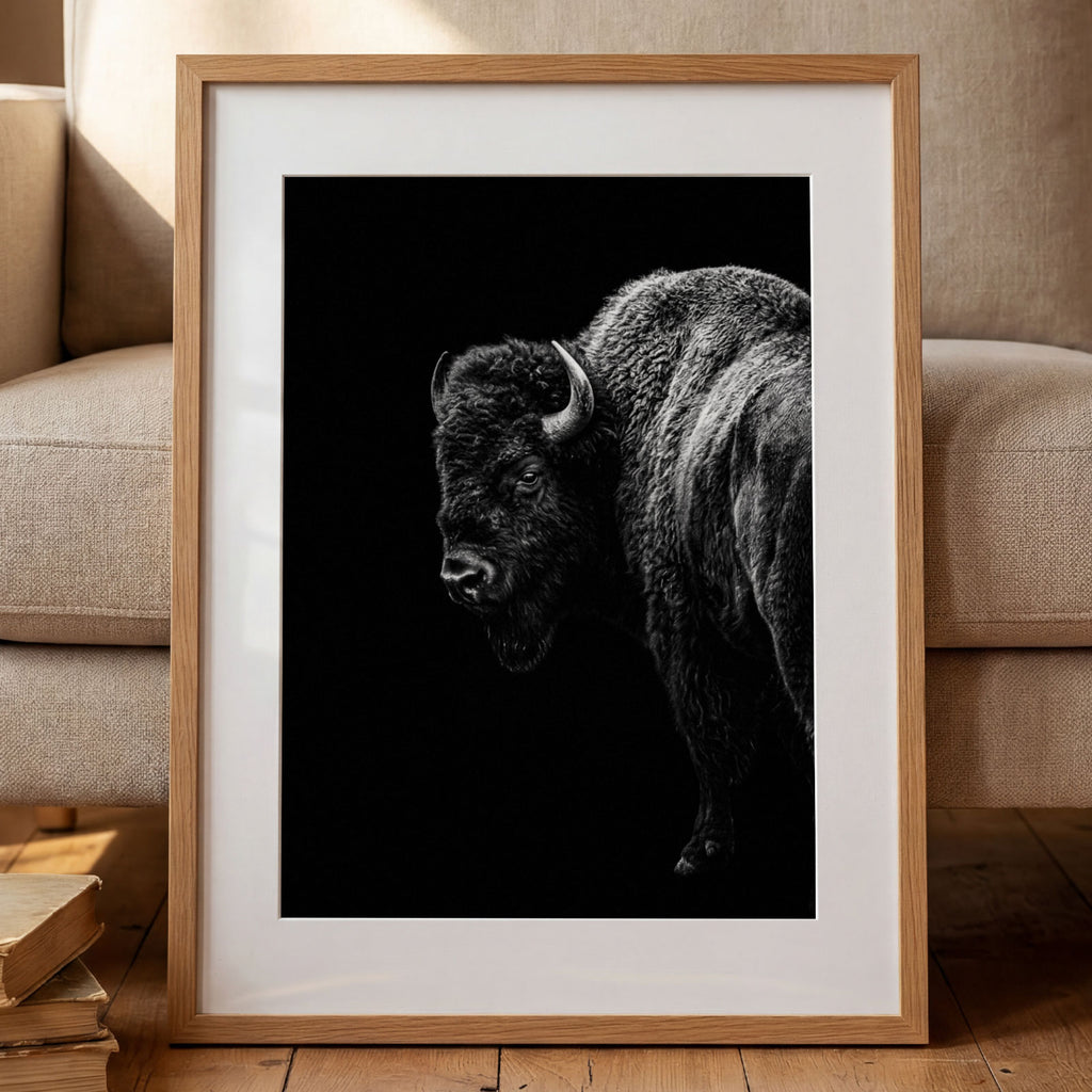 Black and white portrait of an American bison standing in profile against a dark background, western wildlife wall art poster.
