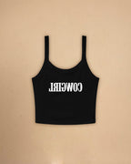 Fitted western-inspired strap tank top featuring mirrored “Cowgirl” typography on the front with a soft micro rib silhouette.